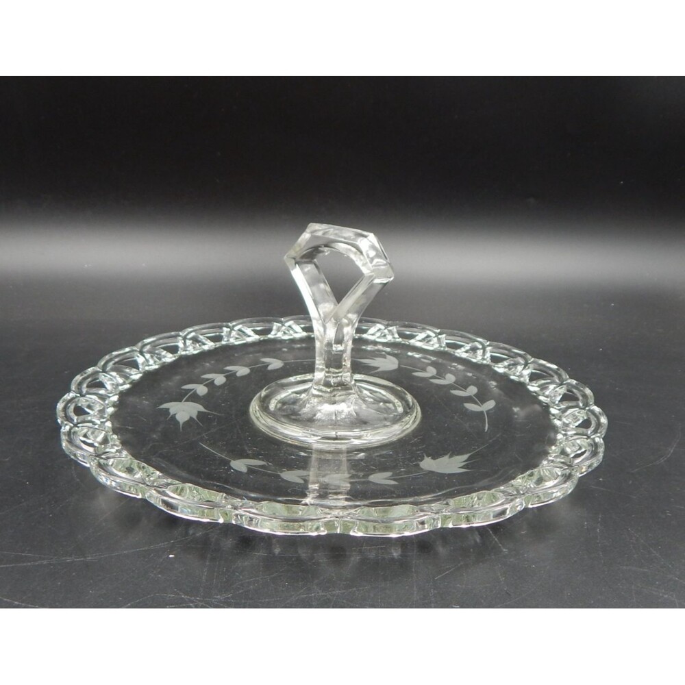 Cooperative Flint Glass Open Lace Wheel Cut Leaf Center Handled Tidbit Tray